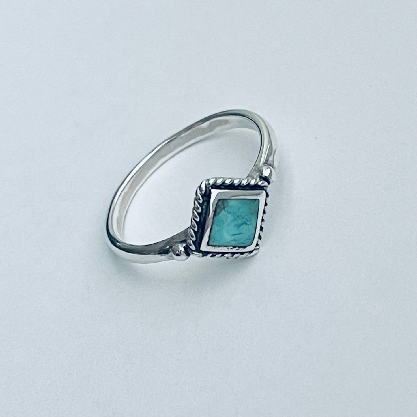 Sterling Silver Small Diamond Shape Genuine Turquoise Ring with Braid, Silver Stone Rings