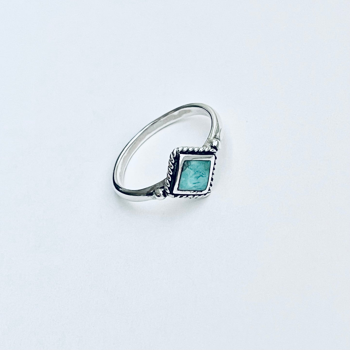 Sterling Silver Small Diamond Shape Genuine Turquoise Ring with Braid, Dainty Stone Jewelry