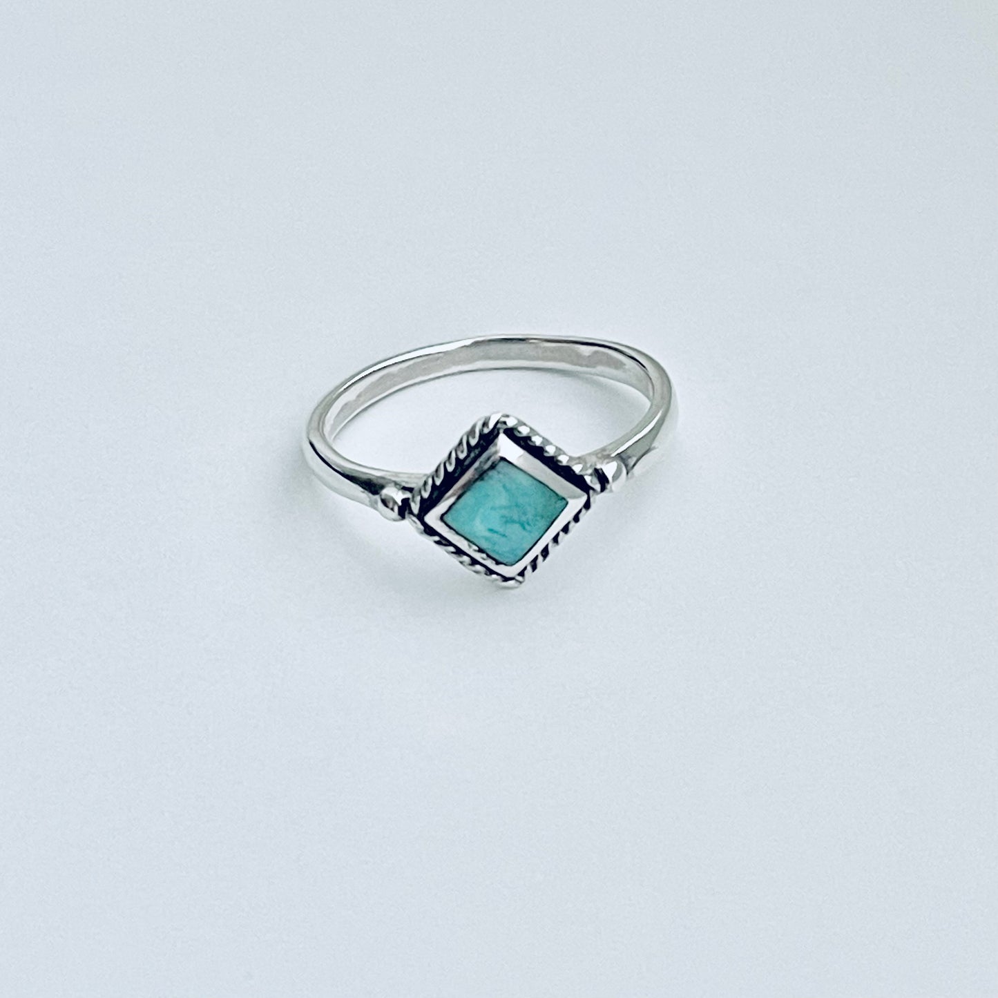 Sterling Silver Small Diamond Shape Genuine Turquoise Ring with Braid, Dainty Stone Jewelry