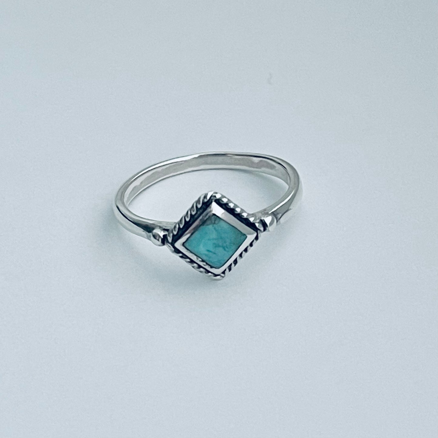 Sterling Silver Small Diamond Shape Genuine Turquoise Ring with Braid, Silver Stone Rings