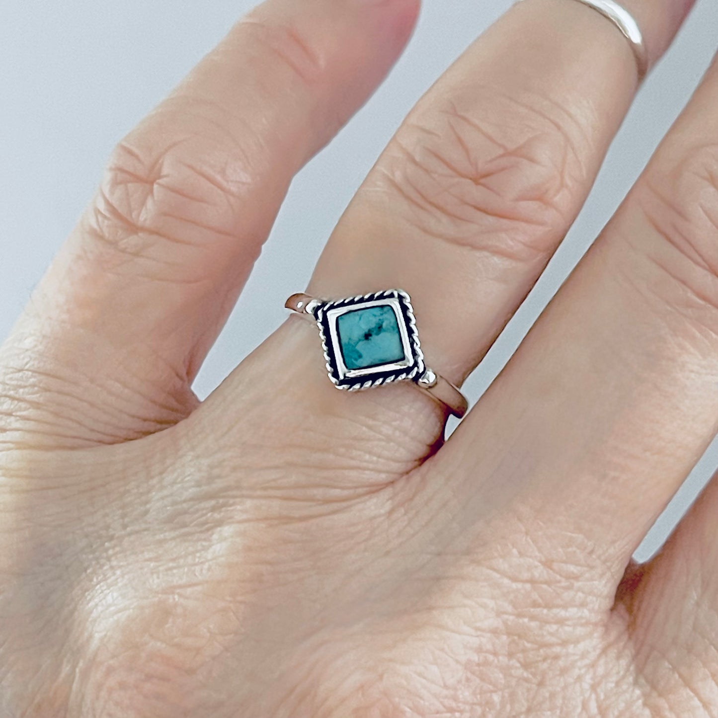 Sterling Silver Small Diamond Shape Genuine Turquoise Ring with Braid, Dainty Stone Jewelry