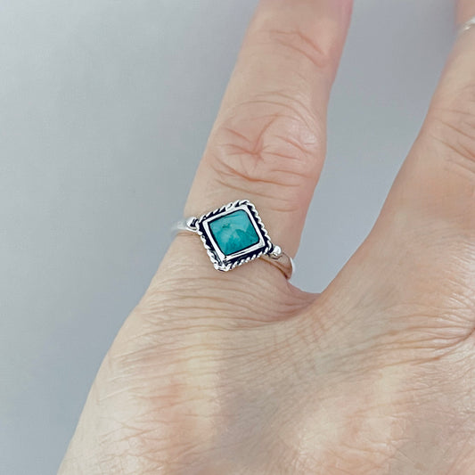 Sterling Silver Small Diamond Shape Genuine Turquoise Ring with Braid, Dainty Stone Jewelry