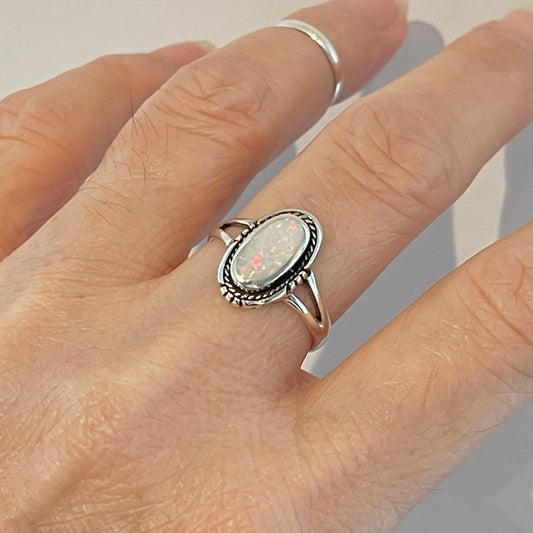 Sterling Silver Oval White Lab Opal Ring with Braid, Statement Silver Rings, October Birthstone Ring