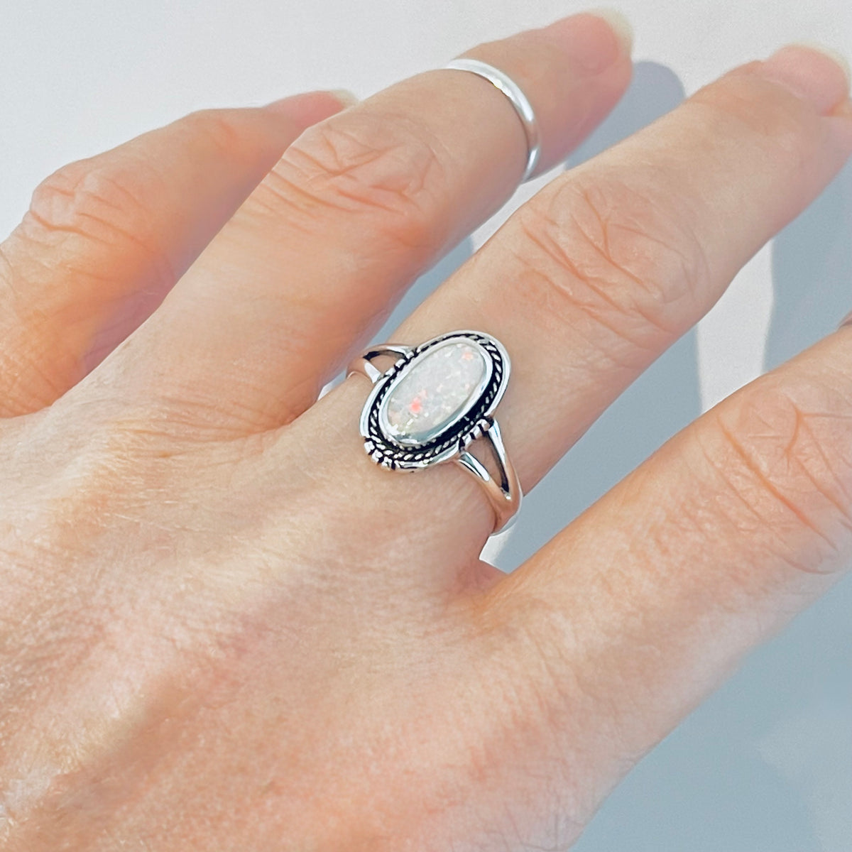 925 Sterling Silver Oval White Lab Opal Ring | October Birthstone Silver Rings