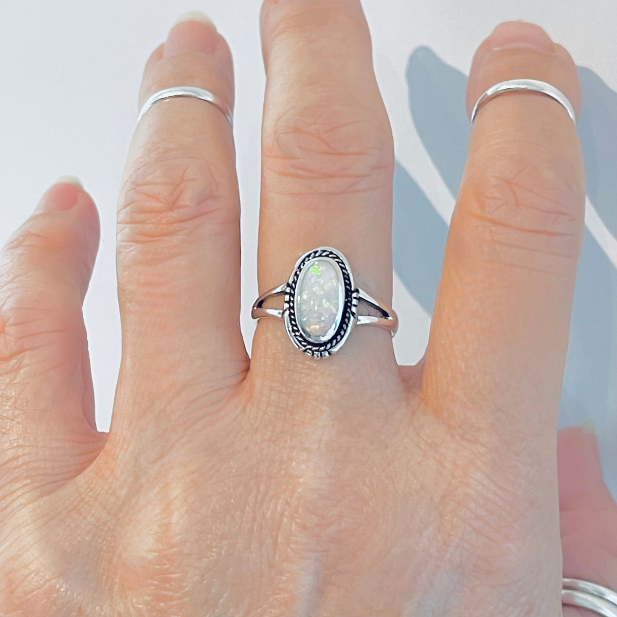 925 Sterling Silver Oval White Lab Opal Ring | October Birthstone Silver Rings