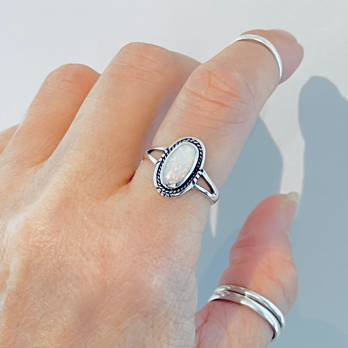 925 Sterling Silver Oval White Lab Opal Ring | October Birthstone Silver Rings