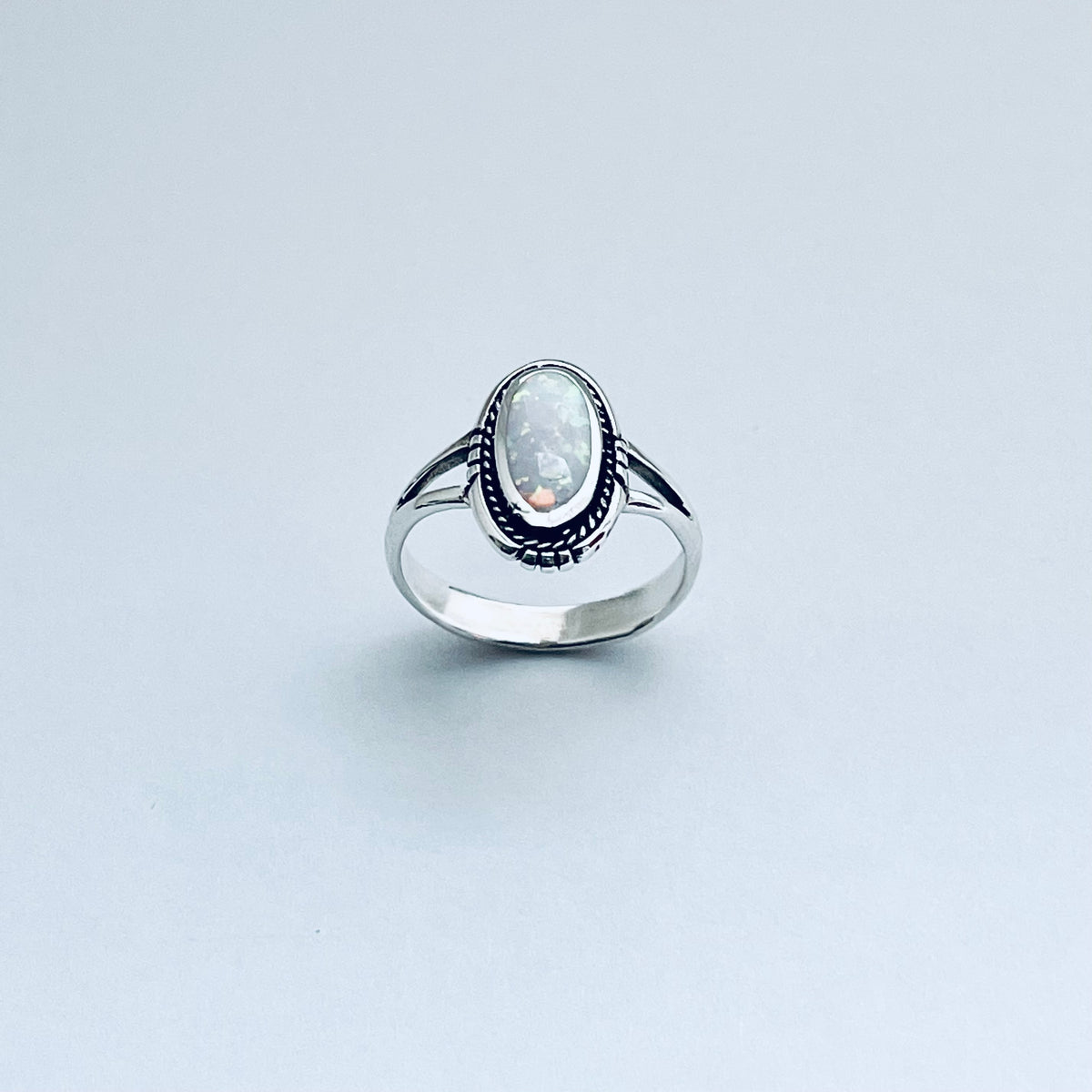 925 Sterling Silver Oval White Lab Opal Ring | October Birthstone Silver Rings