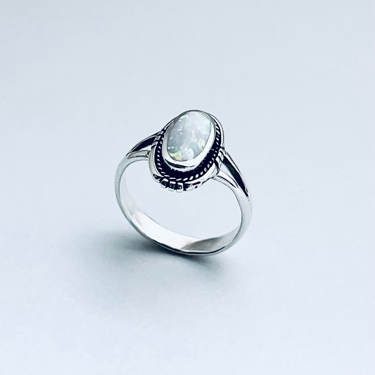 925 Sterling Silver Oval White Lab Opal Ring | October Birthstone Silver Rings