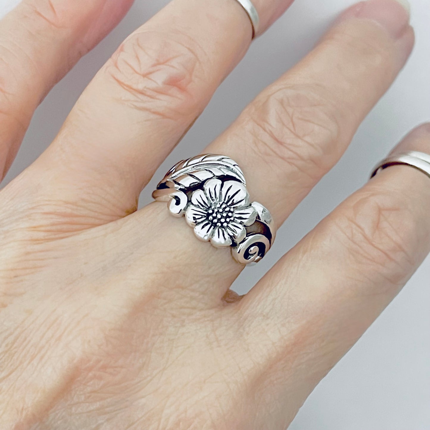 Sterling Silver Statement Sunflower Ring with Leaf, Flower Rings, Sunshine Jewelry