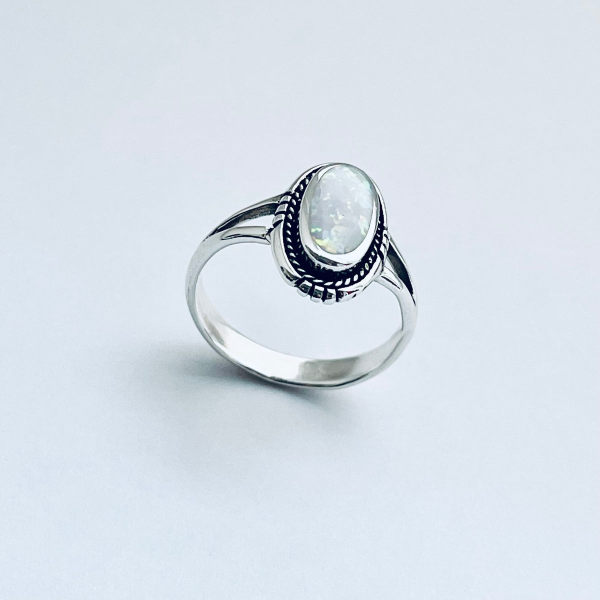 925 Sterling Silver Oval White Lab Opal Ring | October Birthstone Silver Rings