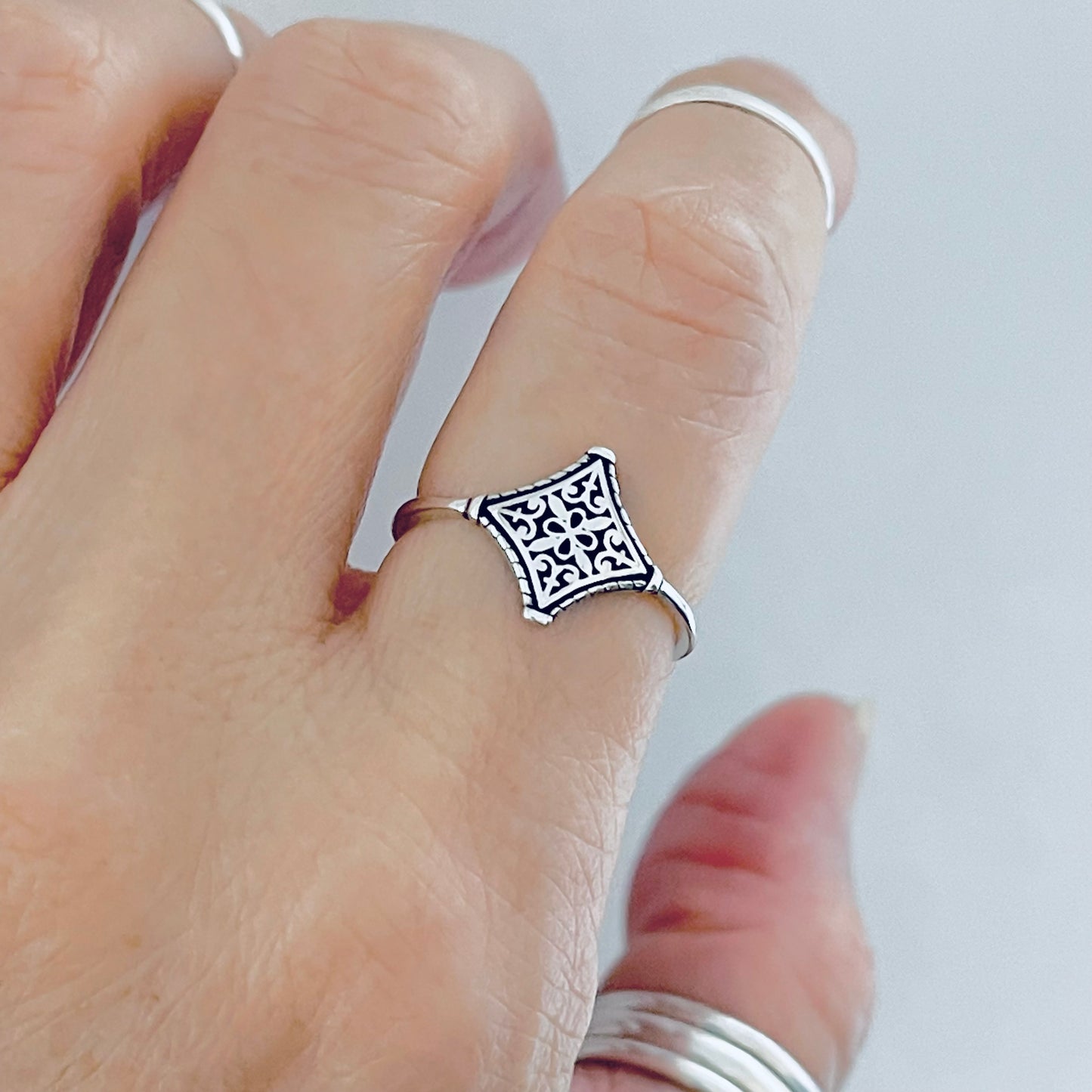 Sterling Silver Dainty Filigree Tapestry Ring – Mandala Boho Silver Ring