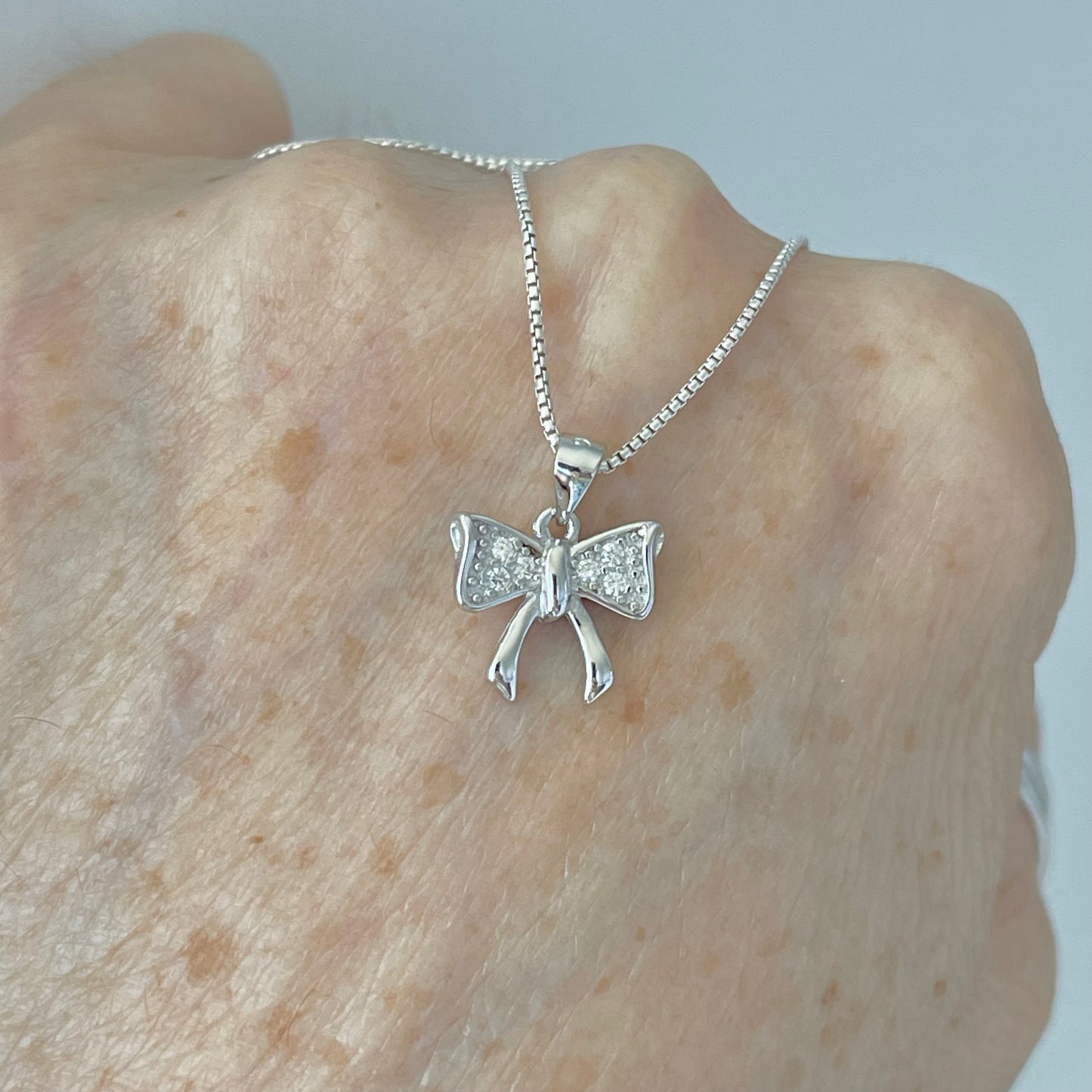 Sterling Silver Minimalist CZ Bow Necklace, Silver Necklaces, Bow Tie Chains