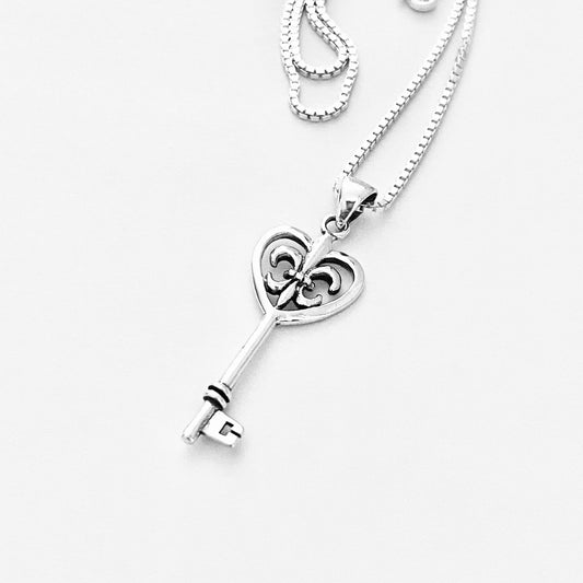 Sterling Silver Fleur De Lis Key Necklaces, Saints Necklaces, Silver Chain, France Symbol, Lily