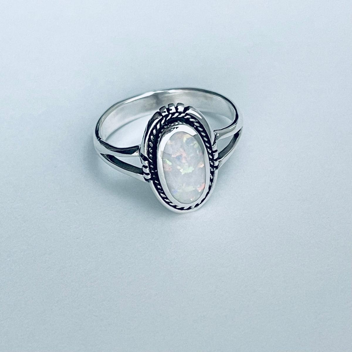 925 Sterling Silver Oval White Lab Opal Ring | October Birthstone Silver Rings