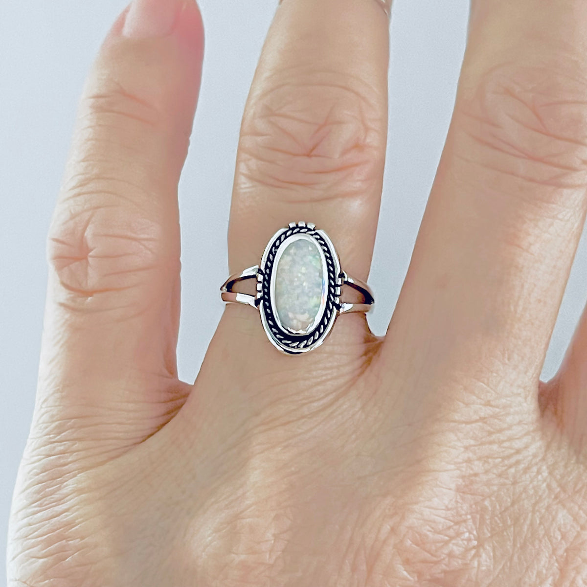 925 Sterling Silver Oval White Lab Opal Ring | October Birthstone Silver Rings