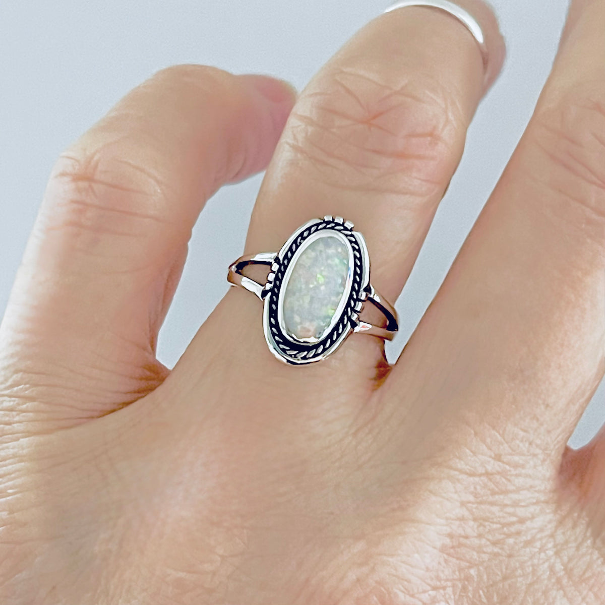 925 Sterling Silver Oval White Lab Opal Ring | October Birthstone Silver Rings