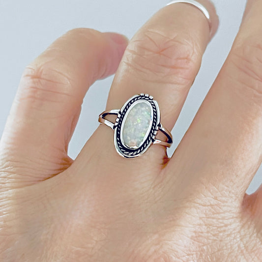 925 Sterling Silver Oval White Lab Opal Ring | October Birthstone Silver Rings