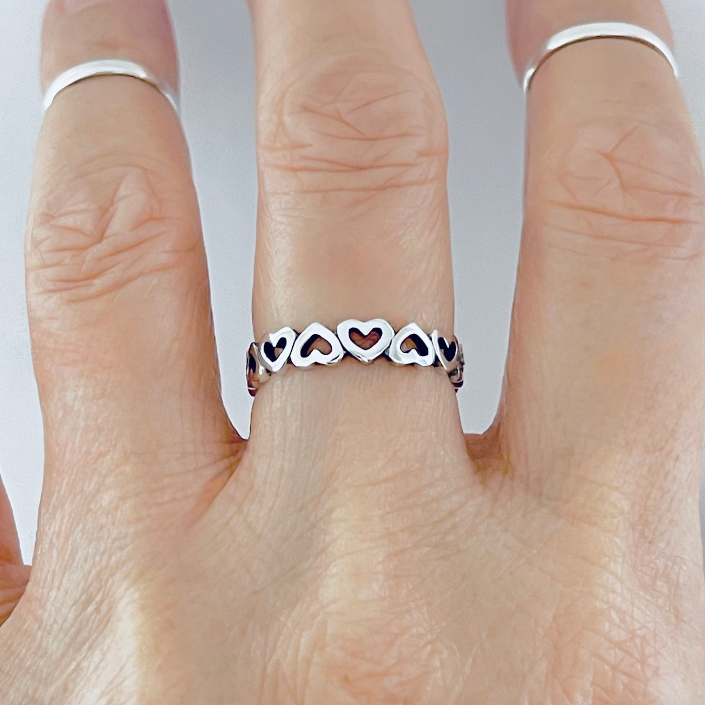 Sterling Silver Small Eternity Heart Band Ring | Stackable Love Hearts Wedding Bands