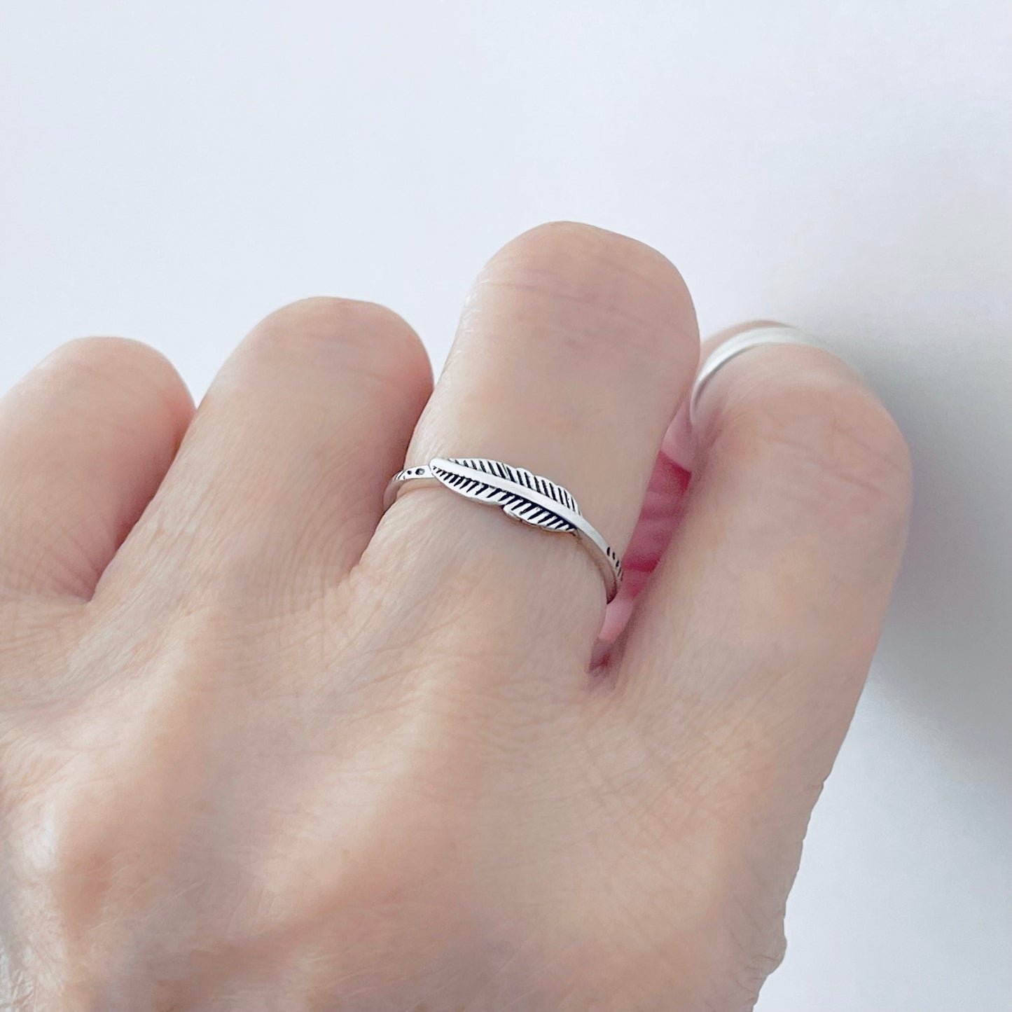 Sterling Silver Little Feather Ring with Printed Band, Minimalist Jewelry, Angel Wings