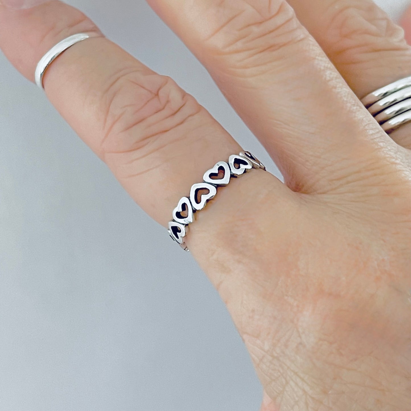 Sterling Silver Small Eternity Heart Band Ring | Stackable Love Hearts Wedding Bands