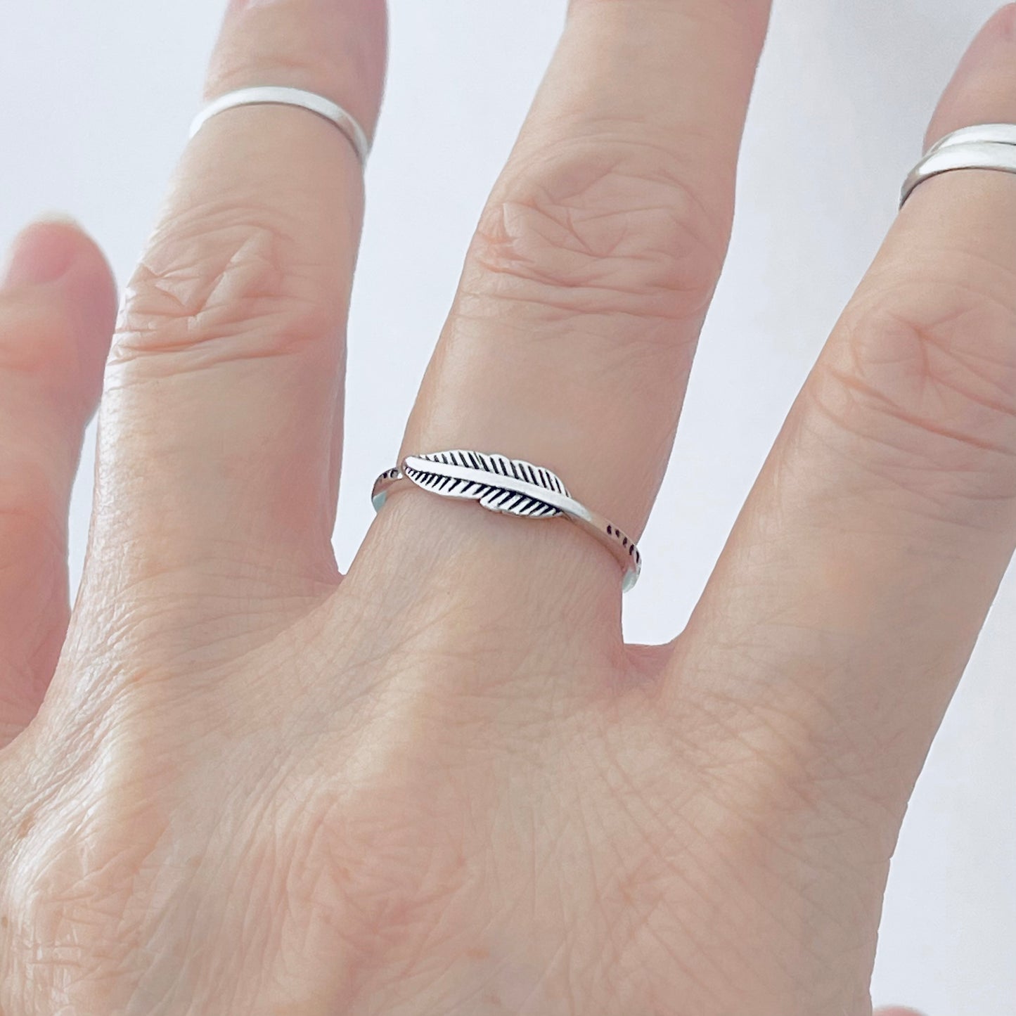Sterling Silver Little Feather Ring with Printed Band, Minimalist Jewelry, Angel Wings