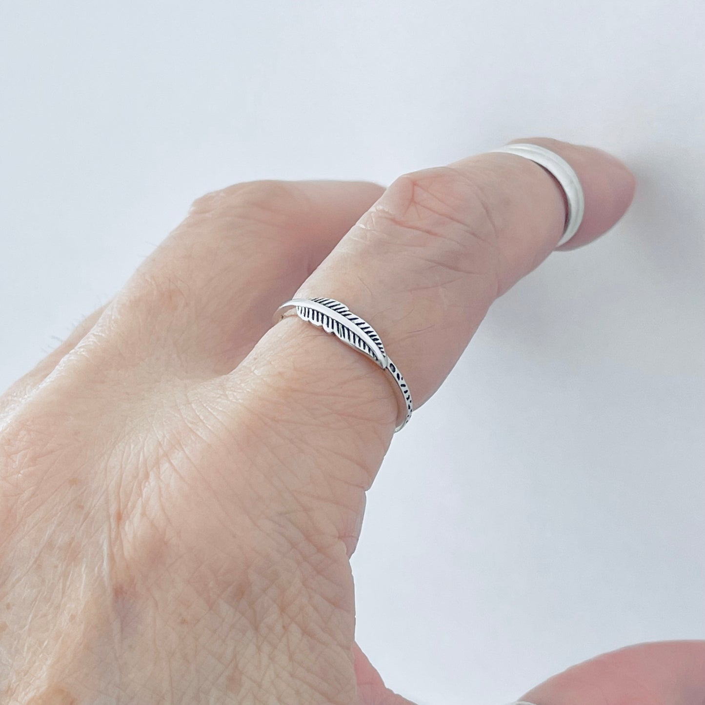 Sterling Silver Little Feather Ring with Printed Band, Minimalist Jewelry, Angel Wings