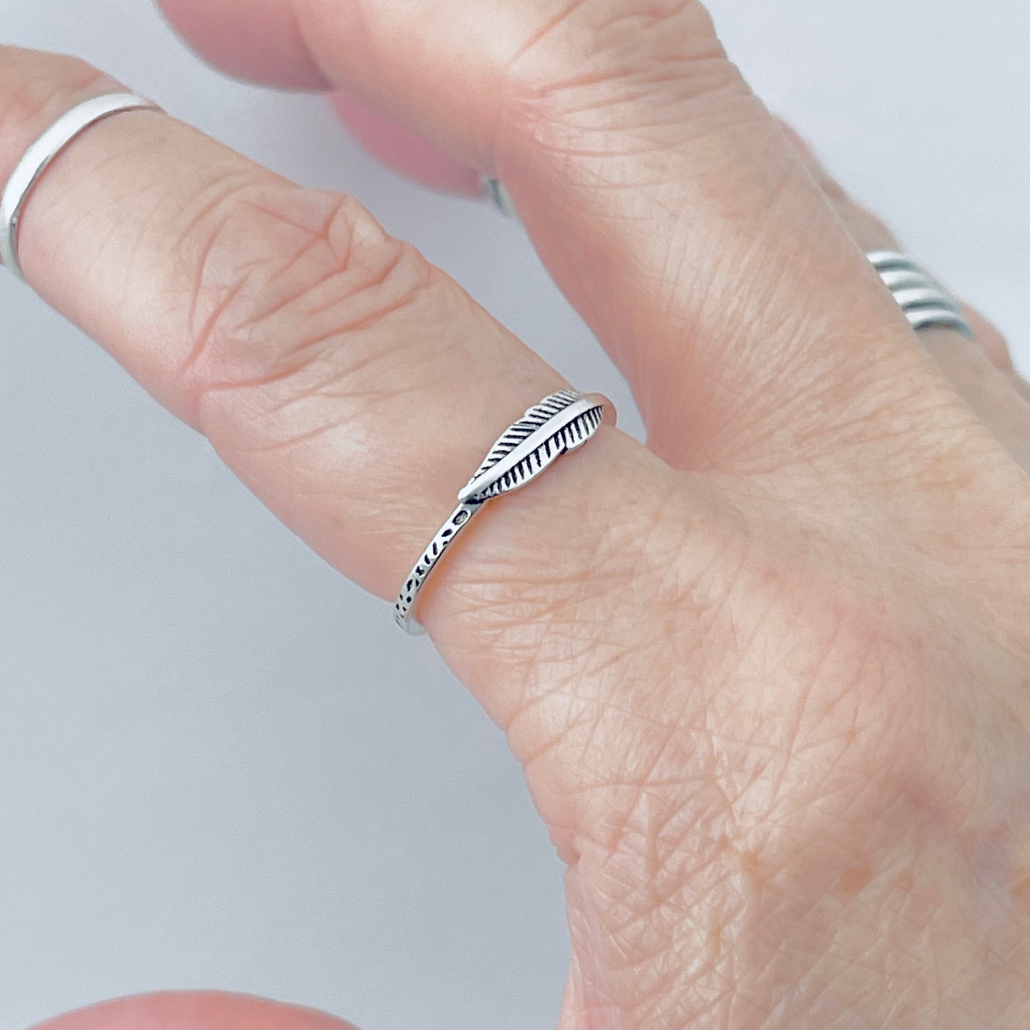 Sterling Silver Little Feather Ring with Printed Band, Minimalist Jewelry, Angel Wings