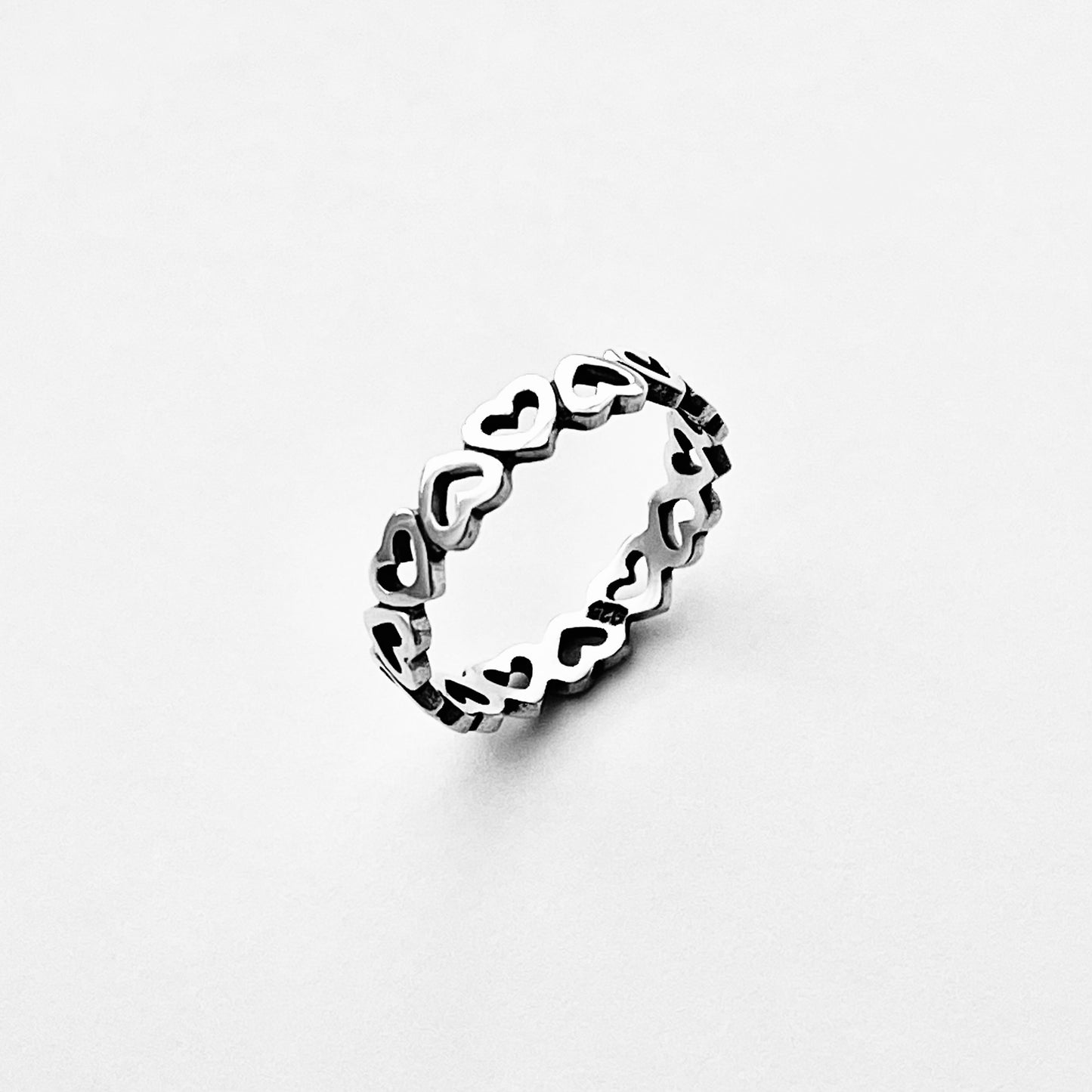 Sterling Silver Small Eternity Heart Band Ring | Stackable Love Hearts Wedding Bands