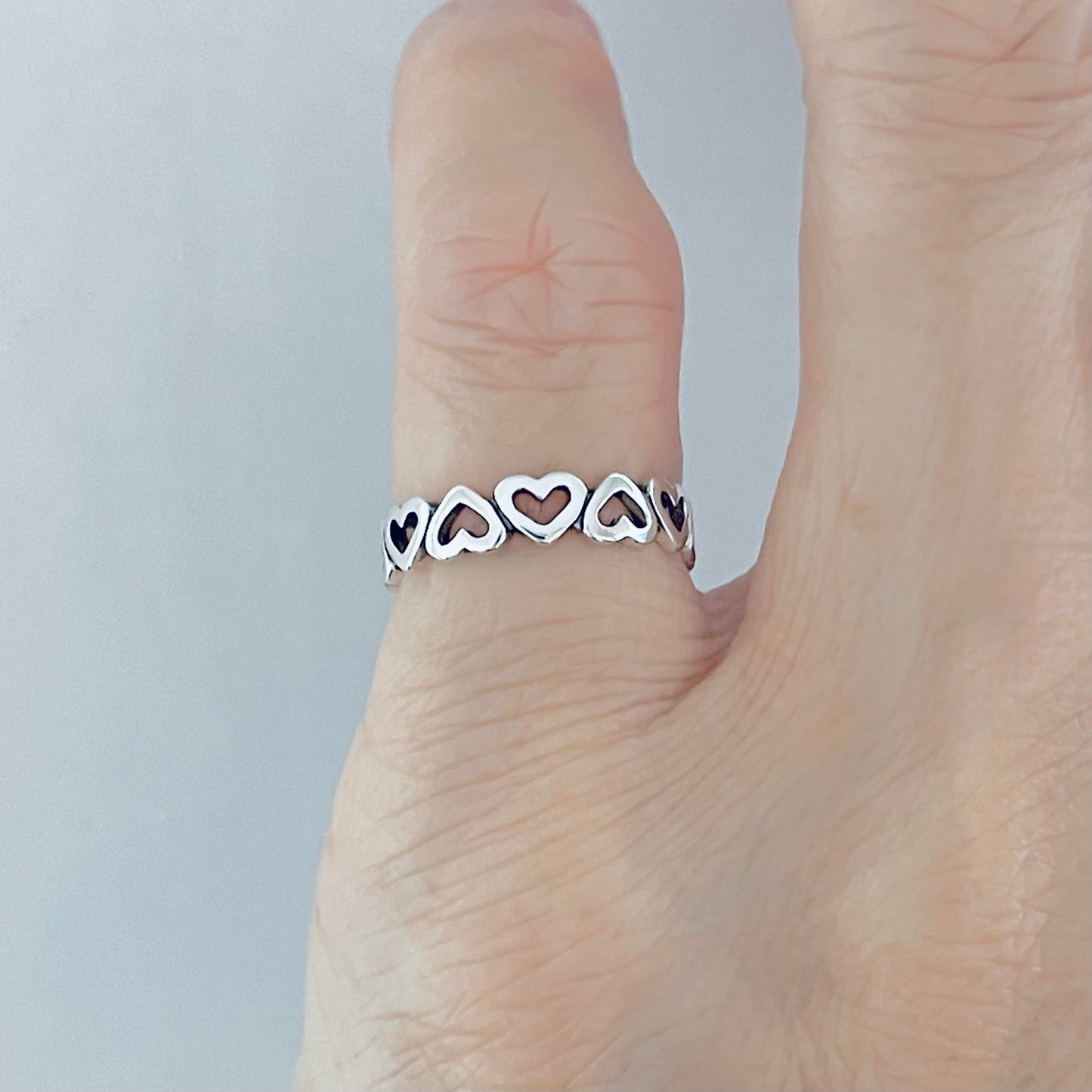 Sterling Silver Small Eternity Heart Band Ring | Stackable Love Hearts Wedding Bands