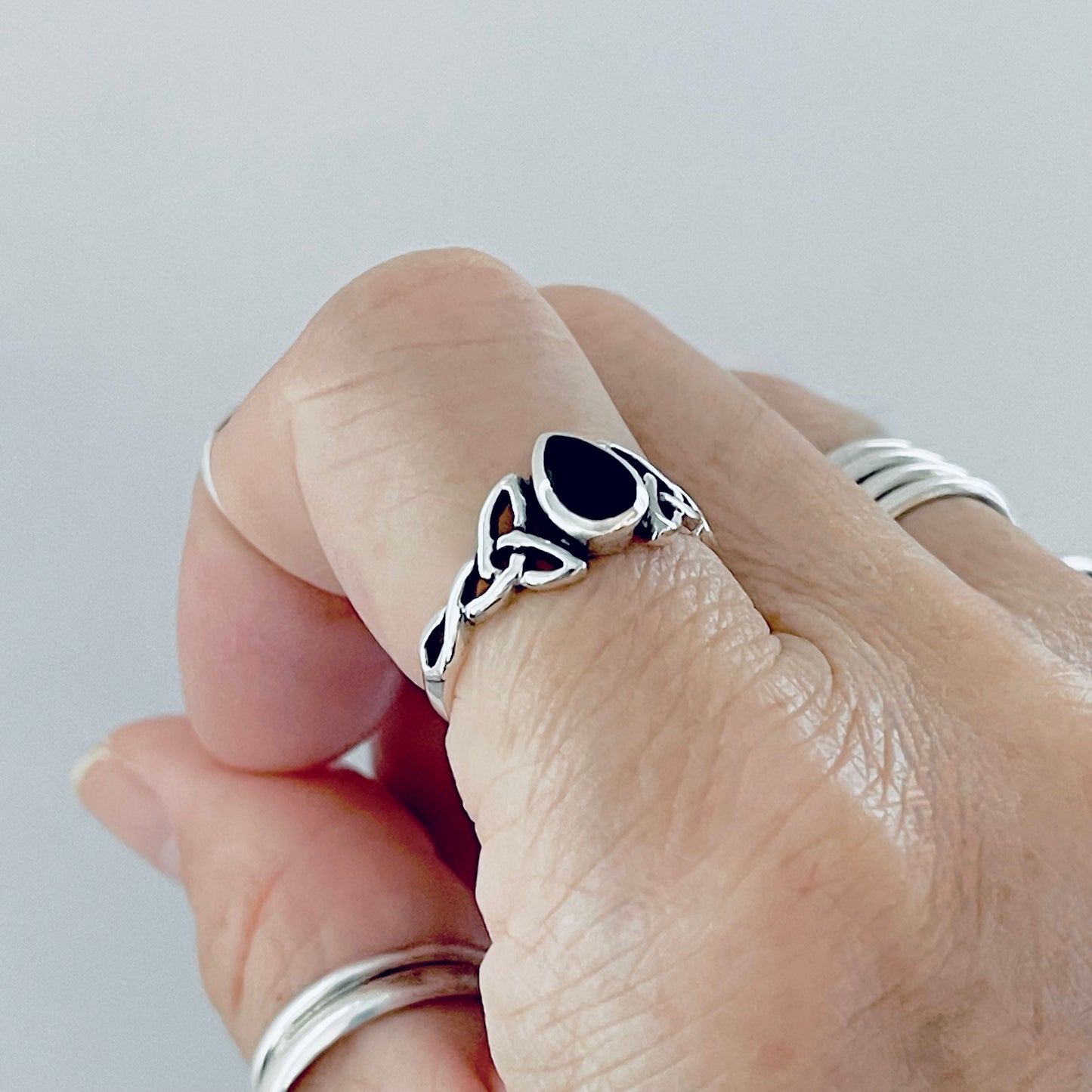 925 Sterling Silver Teardrop Black Onyx Ring | Celtic & Healing Silver Ring