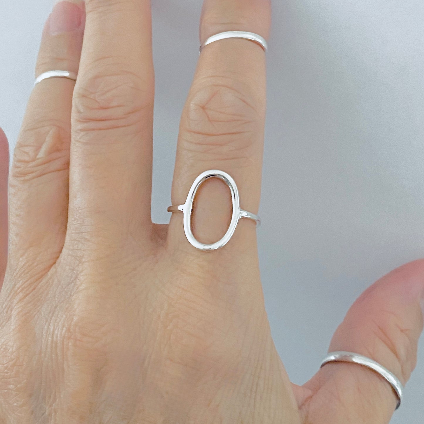 Sterling Silver Large Open Oval Ring | Egg Shape Halo Statement Silver Rings
