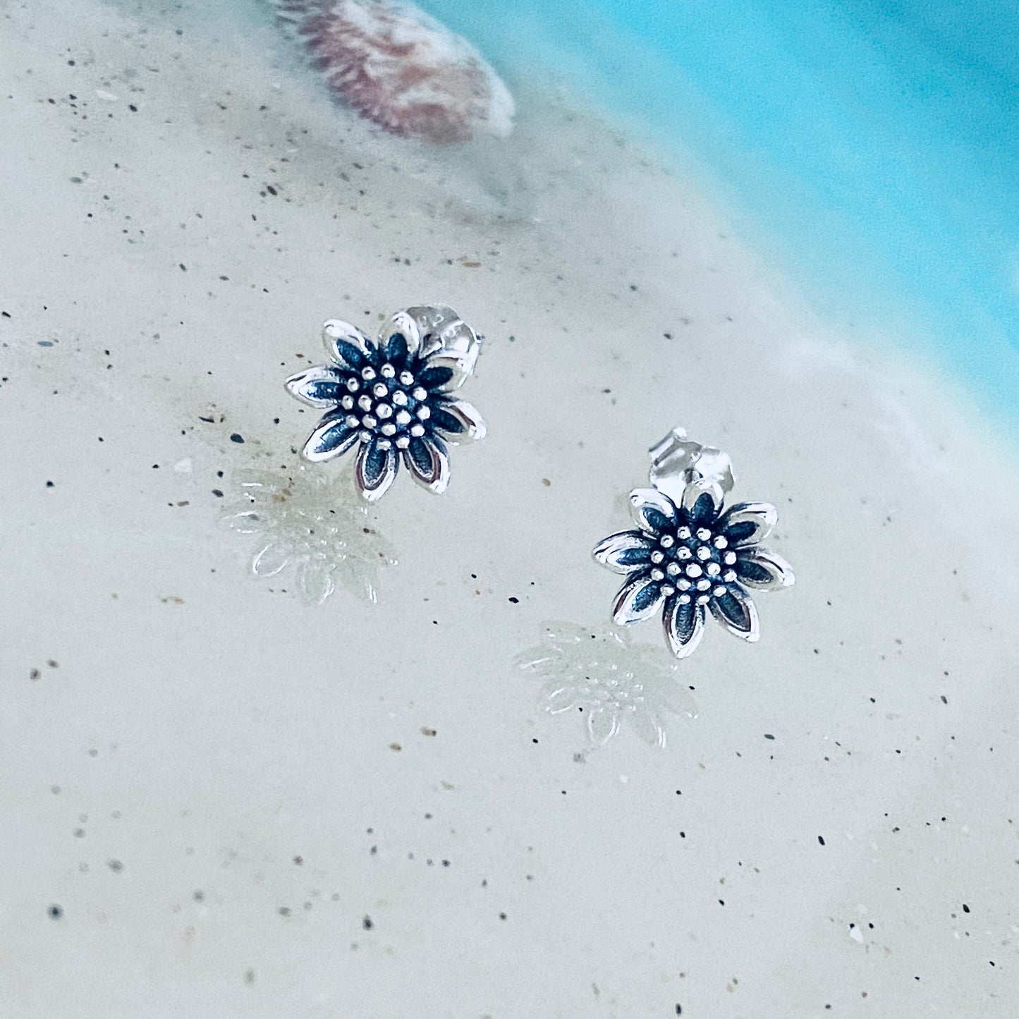 Sterling Silver Sunflower Earrings, Silver Flower Earring, Stud Earrings