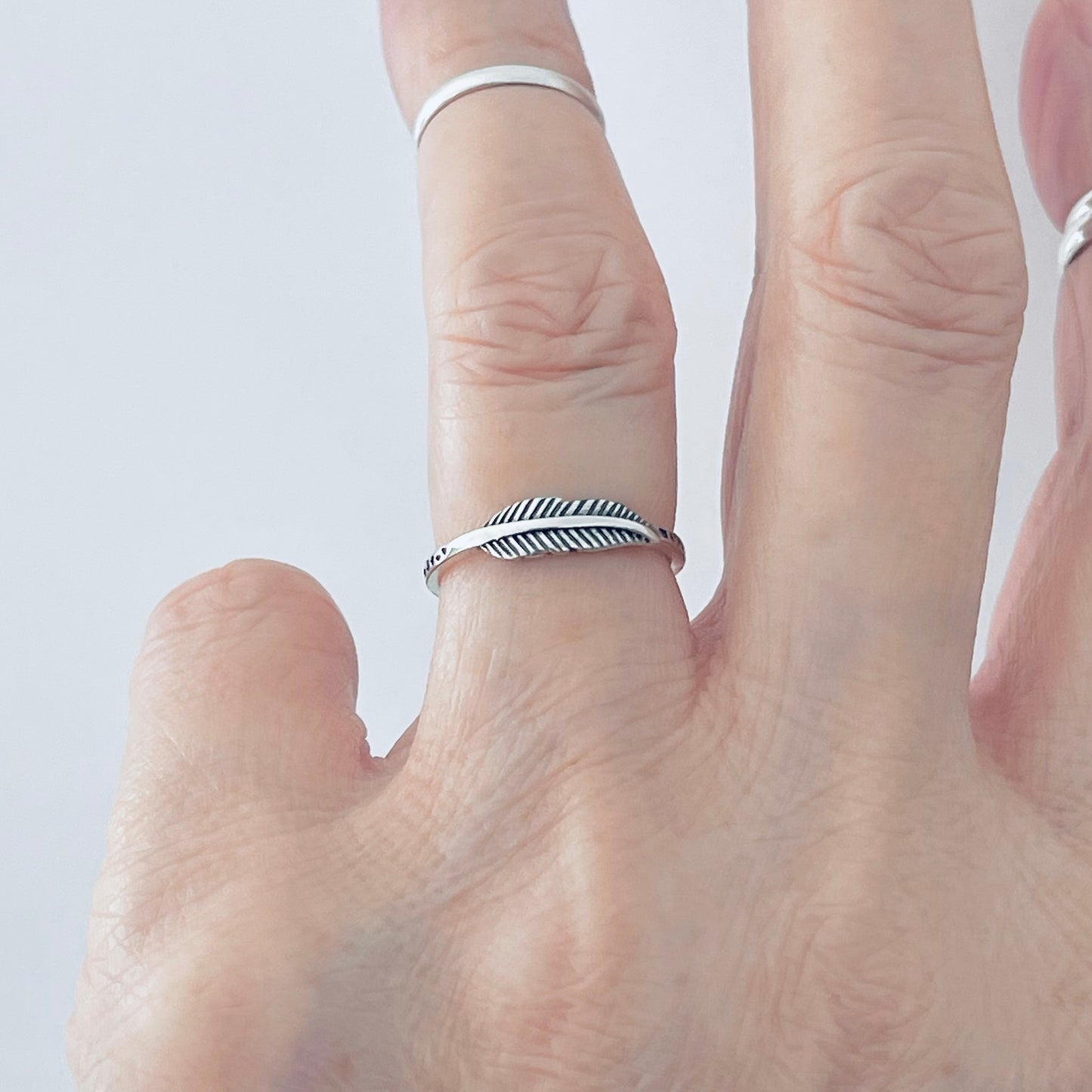Sterling Silver Little Feather Ring with Printed Band, Minimalist Jewelry, Angel Wings