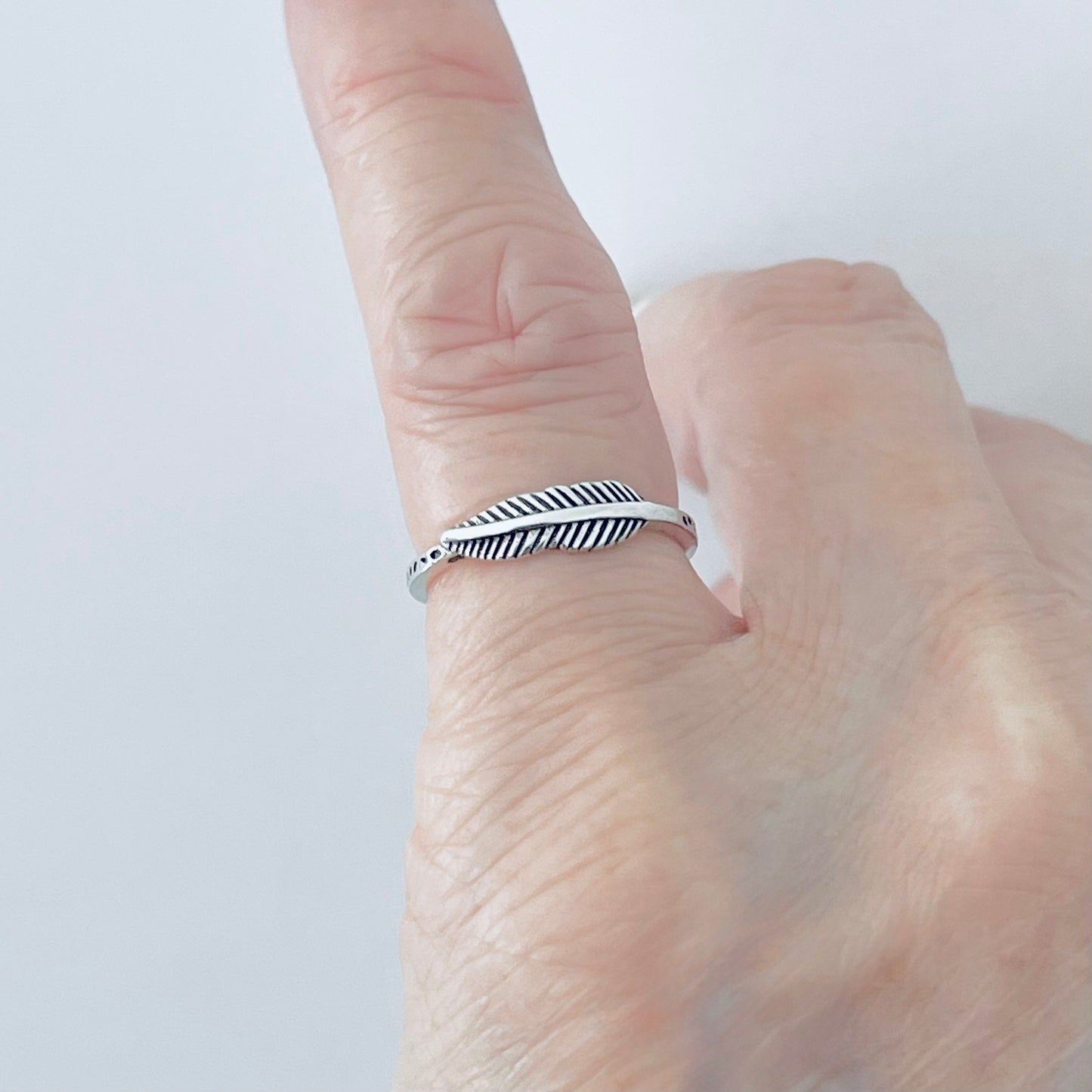 Sterling Silver Little Feather Ring with Printed Band, Minimalist Jewelry, Angel Wings