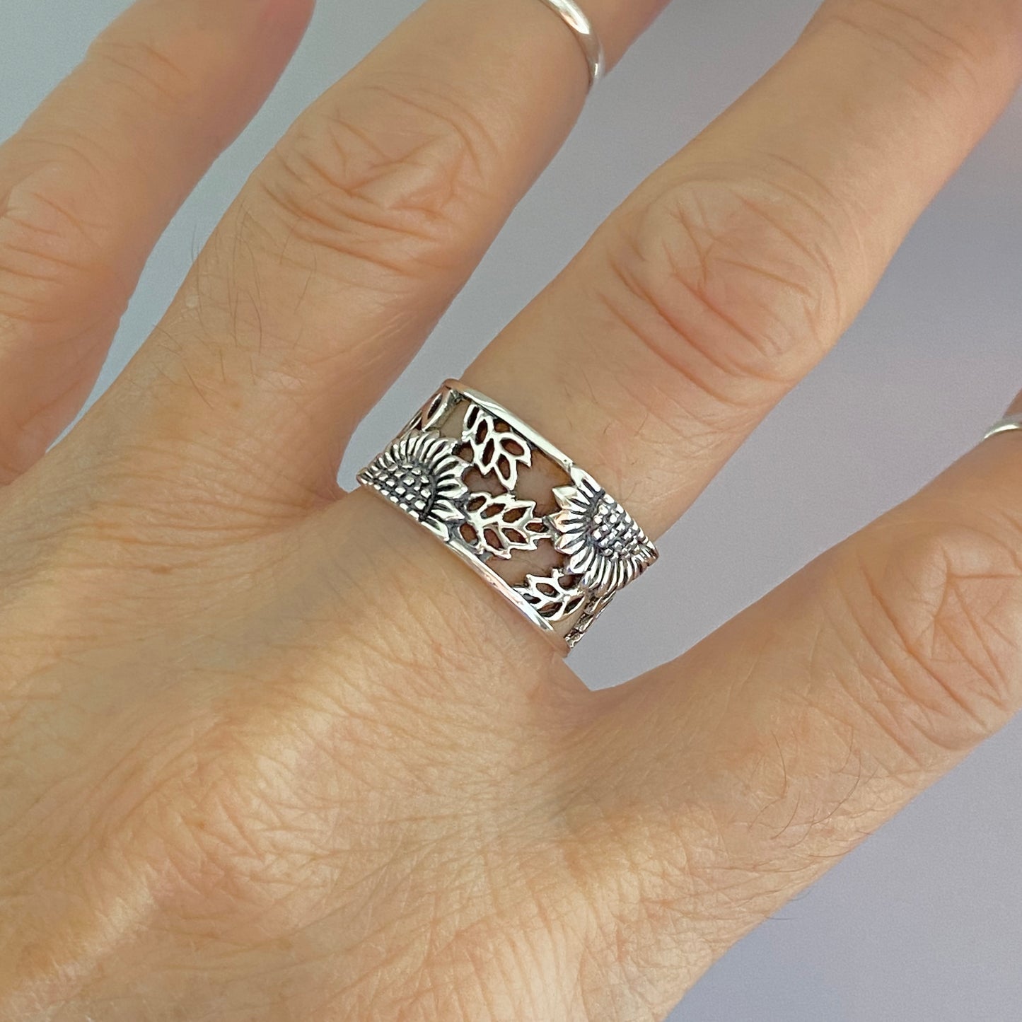 Sterling Silver Sunflower Ring with Leaves, Flower Band, Leaf Rings, Happy Flowers
