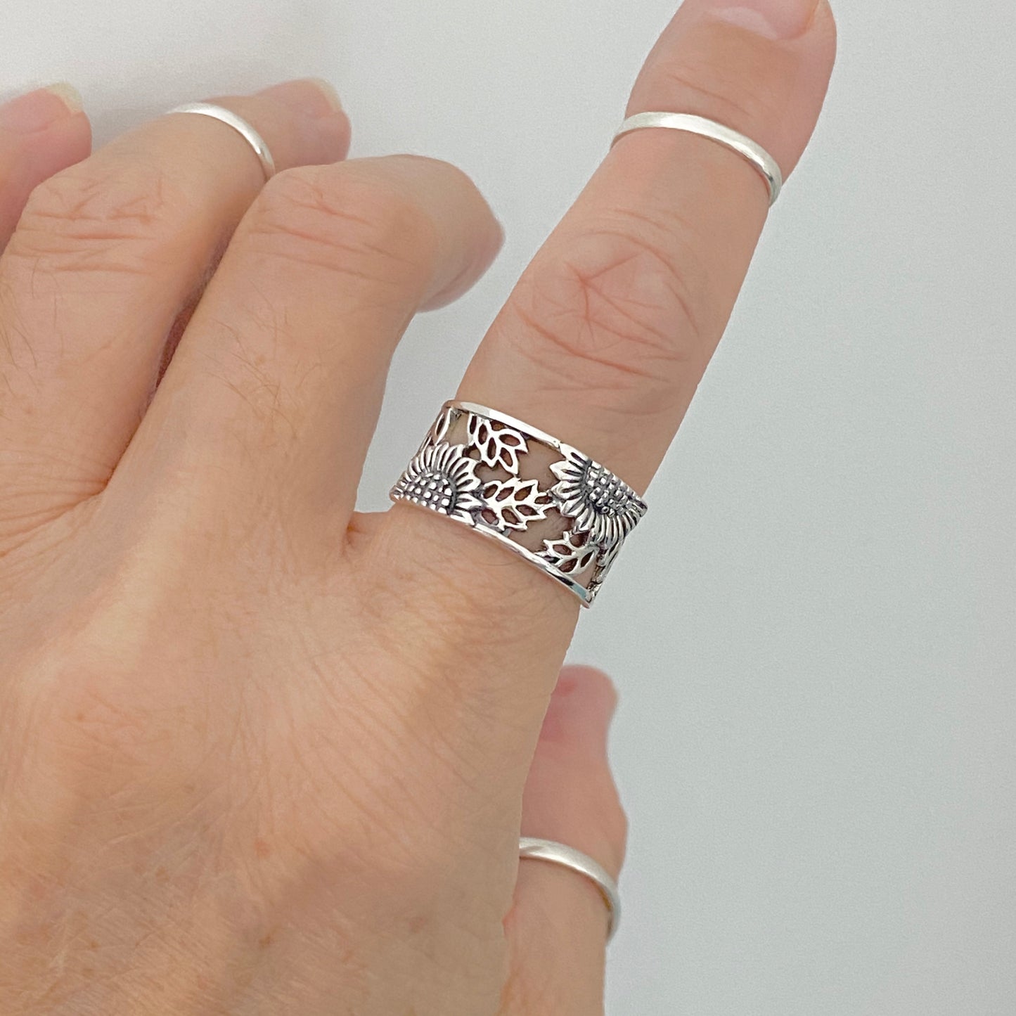 Sterling Silver Sunflower Ring with Leaves, Flower Band, Leaf Rings, Happy Flowers