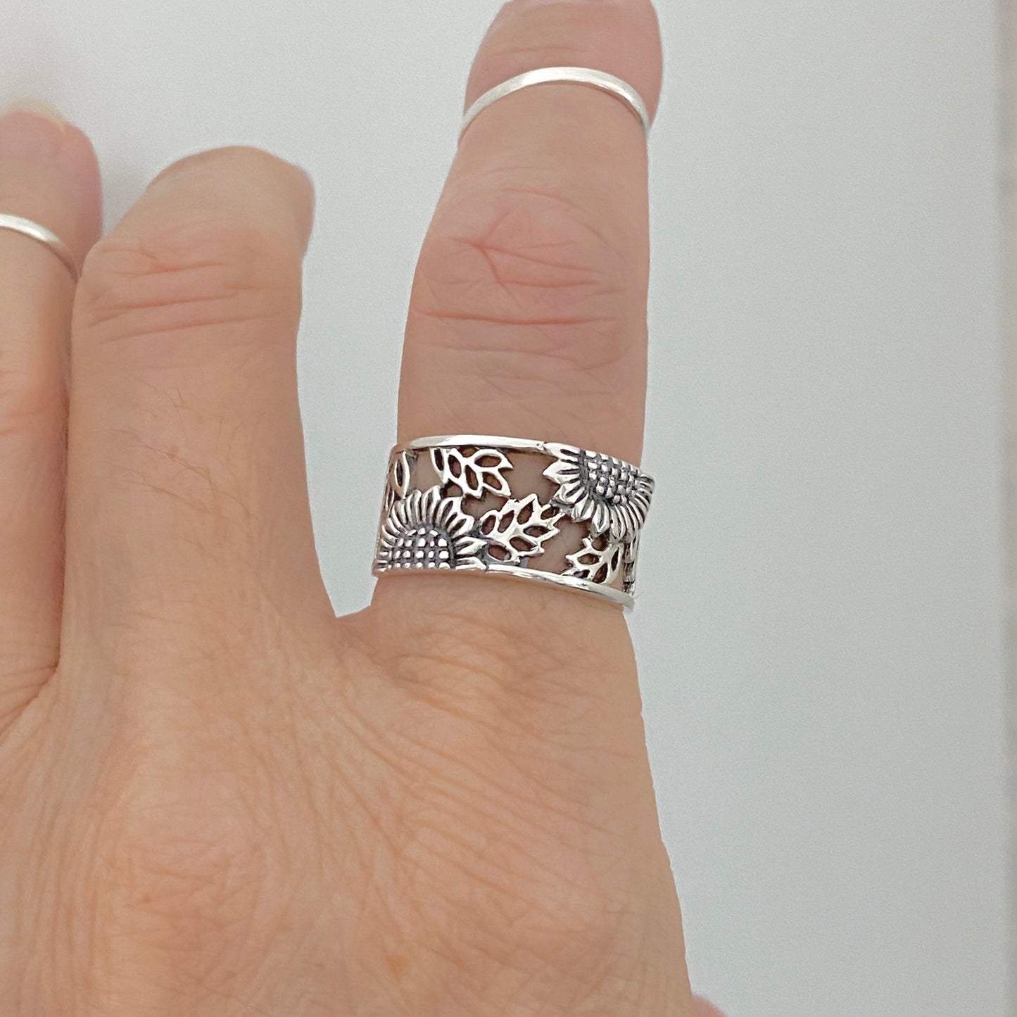 Sterling Silver Sunflower Ring with Leaves, Flower Band, Leaf Rings, Happy Flowers