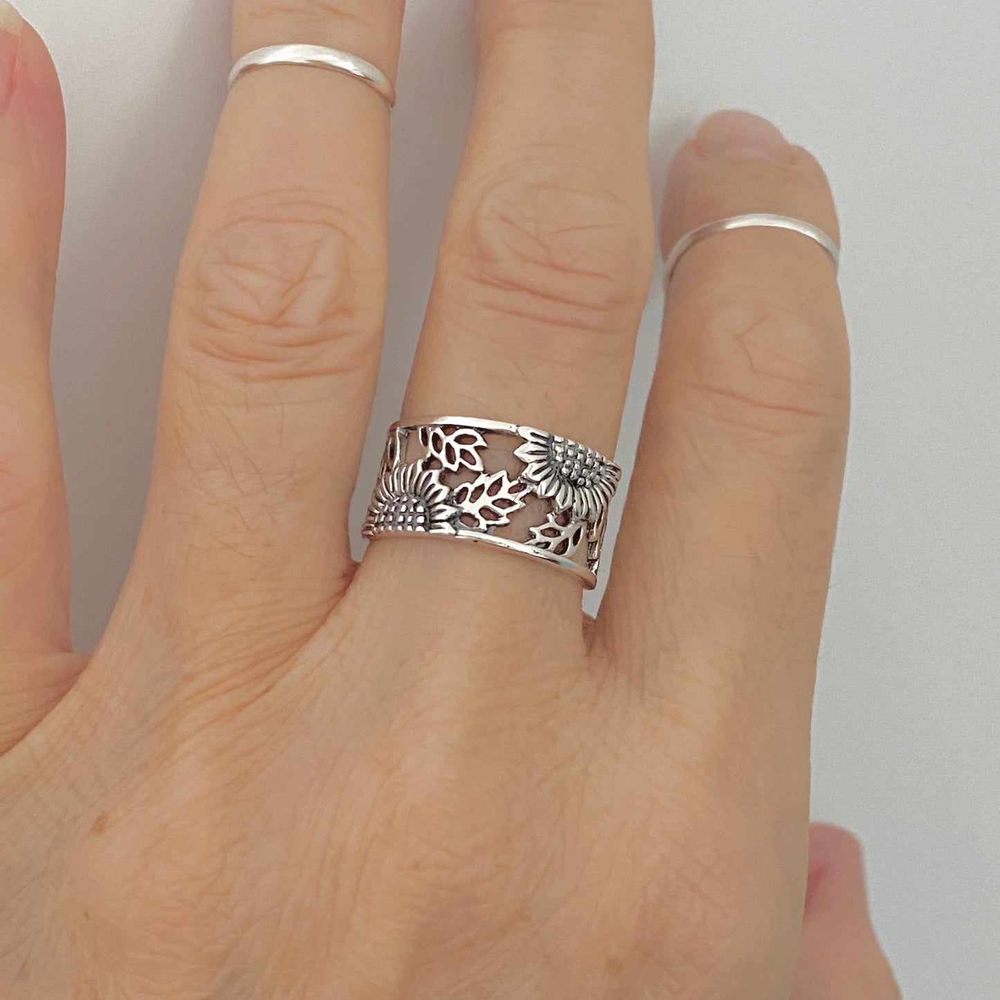 Sterling Silver Sunflower Ring with Leaves, Flower Band, Leaf Rings, Happy Flowers