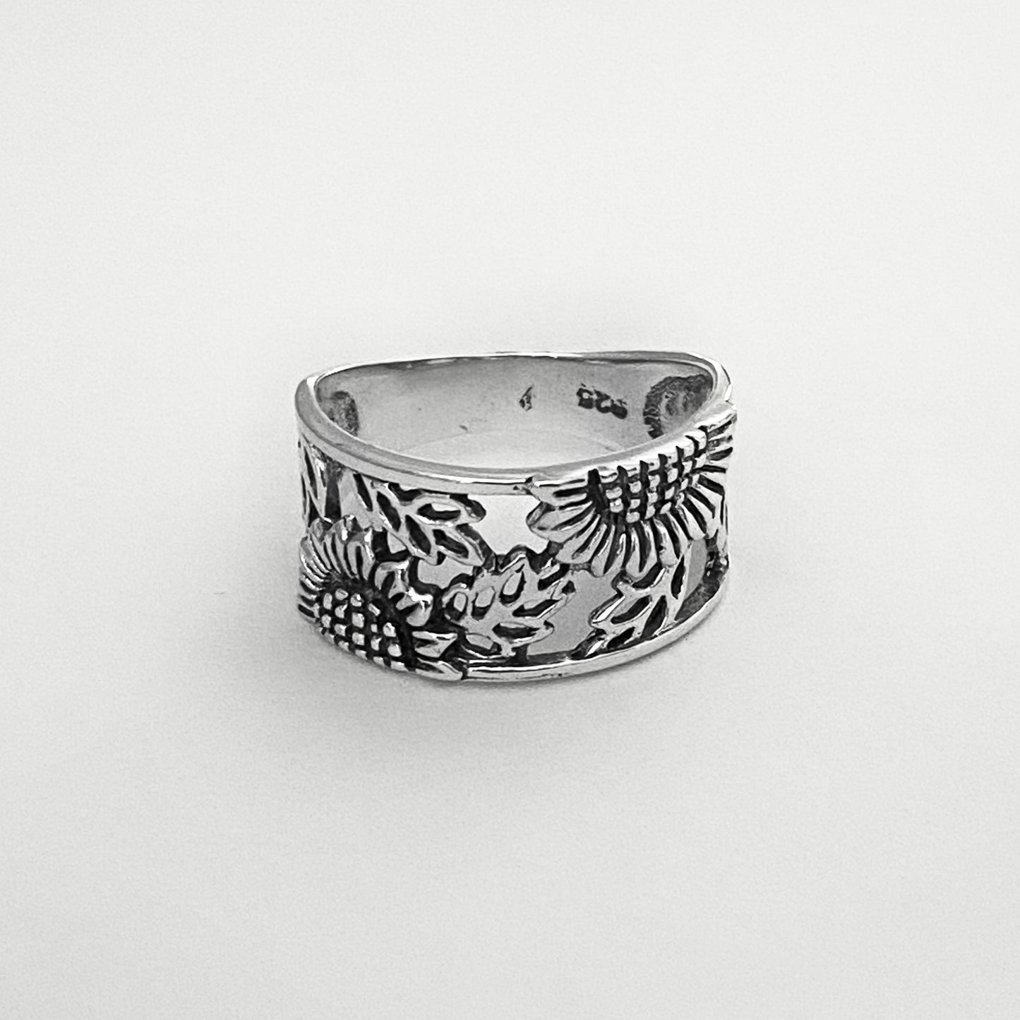 Sterling Silver Sunflower Ring with Leaves, Statement Flower Band, Leaf Rings