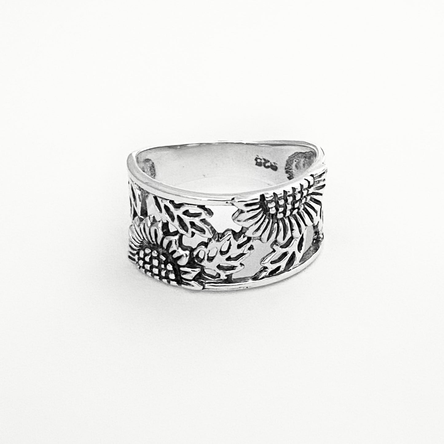 Sterling Silver Sunflower Ring with Leaves, Flower Band, Leaf Rings, Happy Flowers