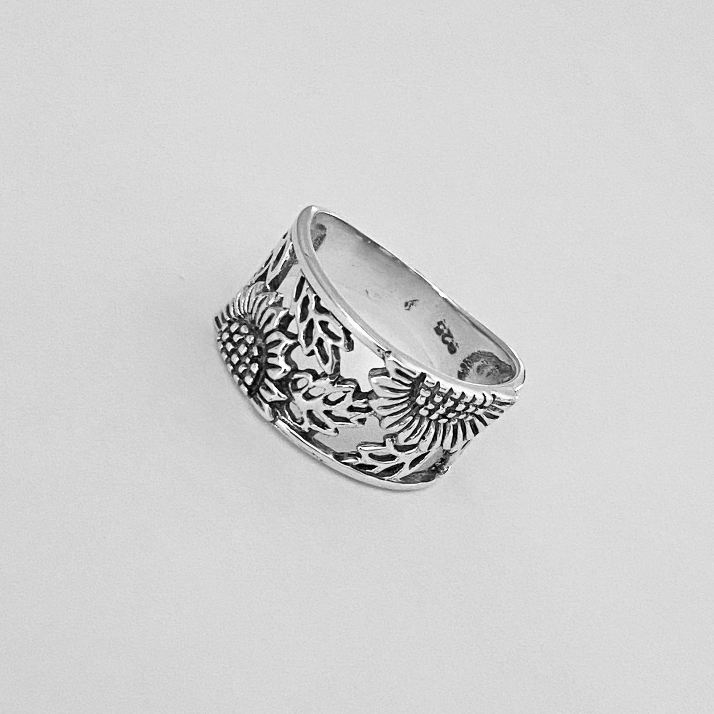 Sterling Silver Sunflower Ring with Leaves, Statement Flower Band, Leaf Rings