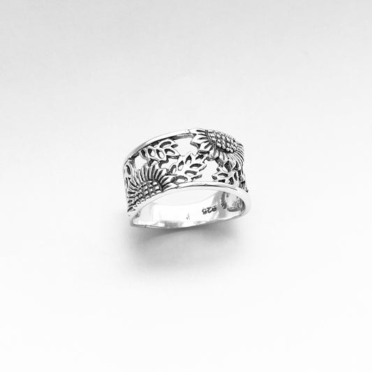 Sterling Silver Sunflower Ring with Leaves, Statement Flower Band, Leaf Rings