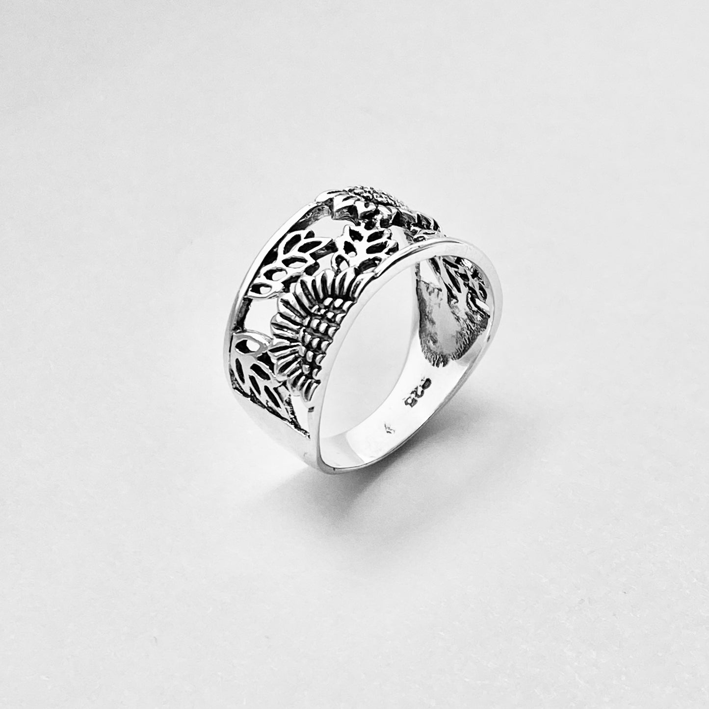 Sterling Silver Sunflower Ring with Leaves, Flower Band, Leaf Rings, Happy Flowers
