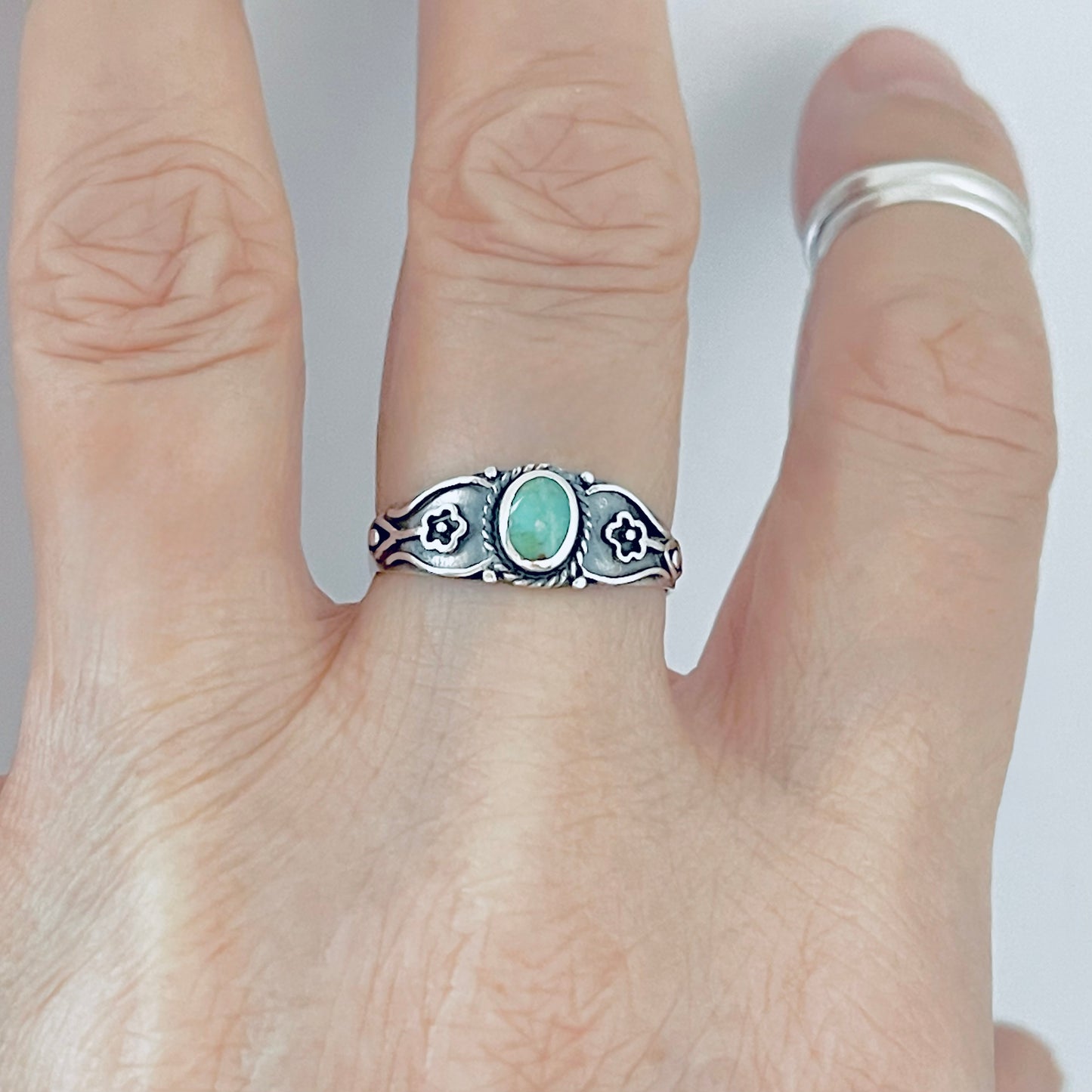 Sterling Silver Dainty Genuine Turquoise Ring with Flowers – Floral Boho Stone Silver Rings