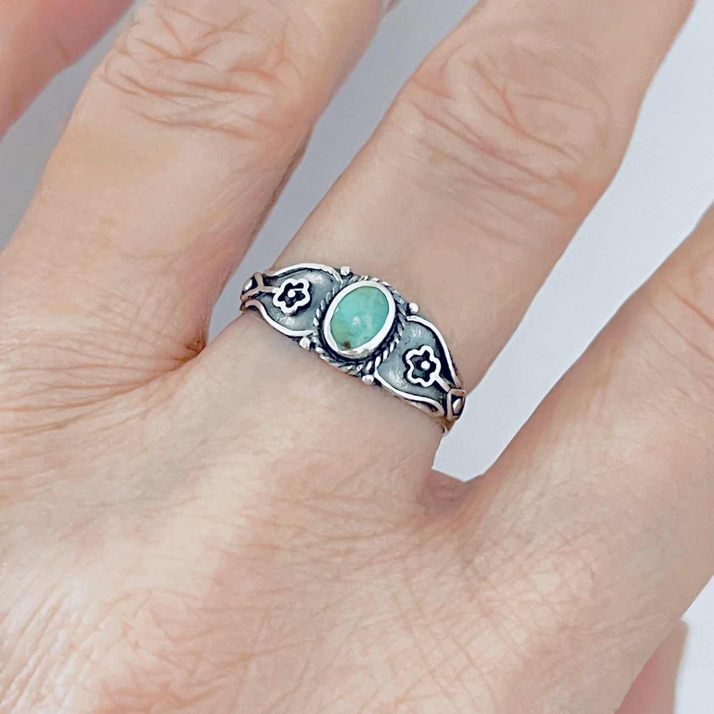 Sterling Silver Dainty Genuine Turquoise Ring with Flowers – Floral Boho Stone Silver Rings