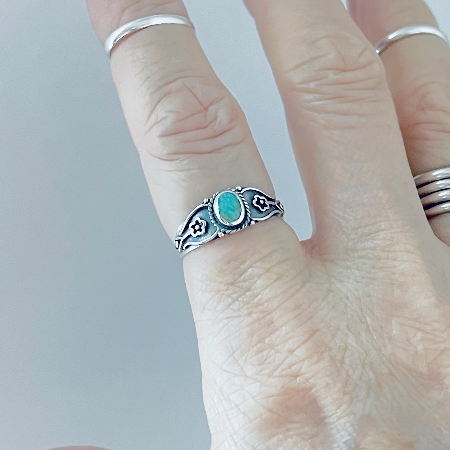 Sterling Silver Dainty Genuine Turquoise Ring with Flowers – Floral Boho Stone Silver Rings