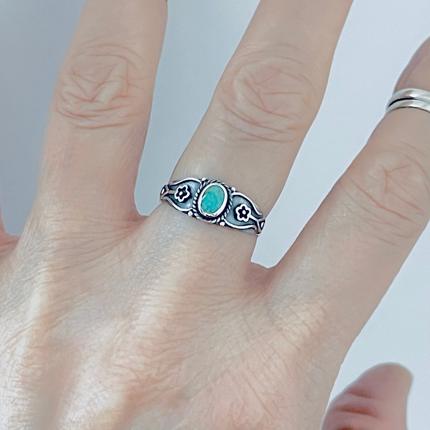 Sterling Silver Dainty Genuine Turquoise Ring with Flowers – Floral Boho Stone Silver Rings