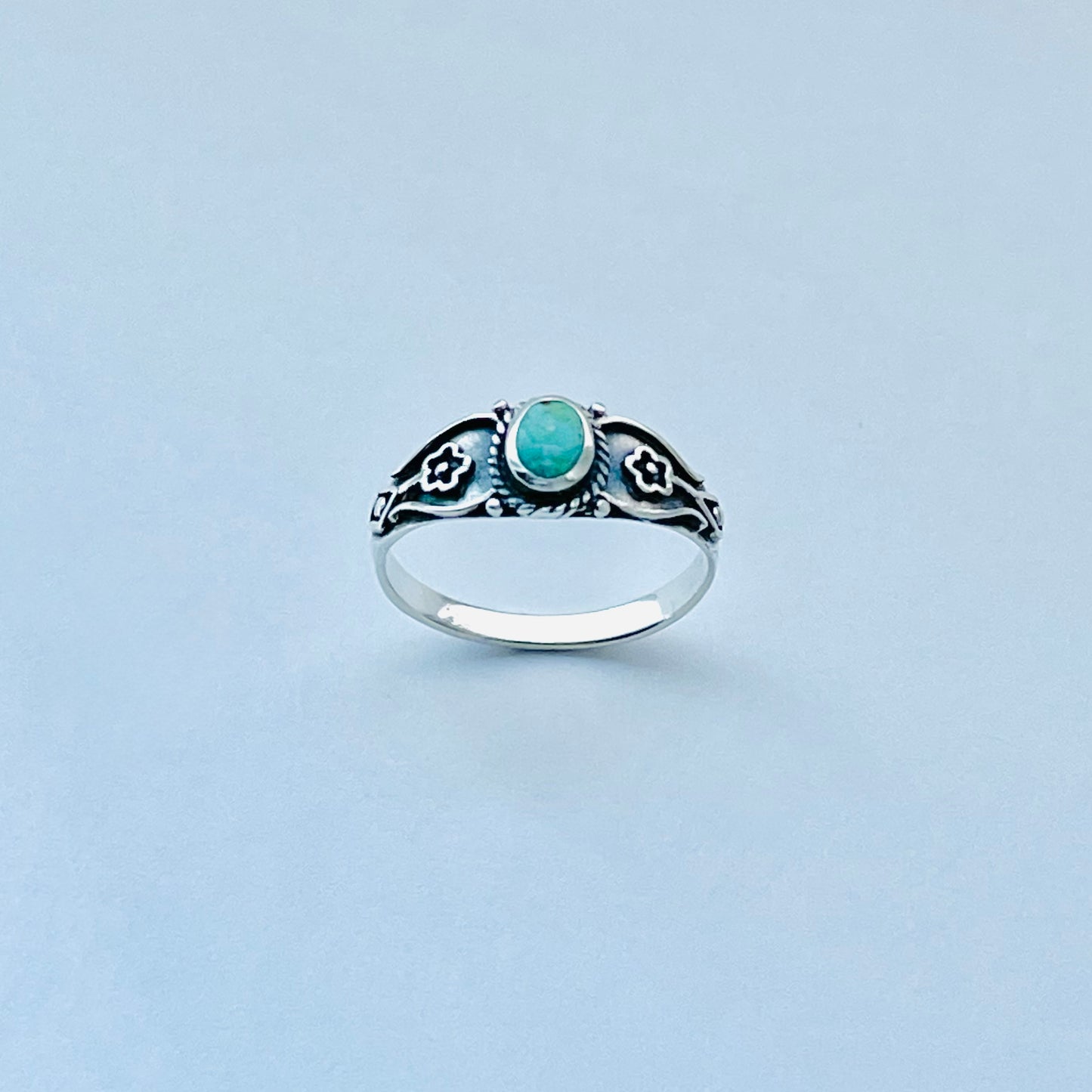 Sterling Silver Dainty Genuine Turquoise Ring with Flowers – Floral Boho Stone Silver Rings