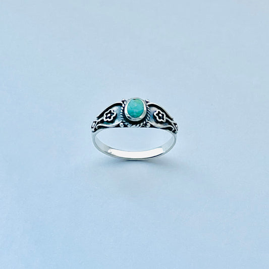 Sterling Silver Dainty Genuine Turquoise Ring with Flowers – Floral Boho Stone Silver Rings
