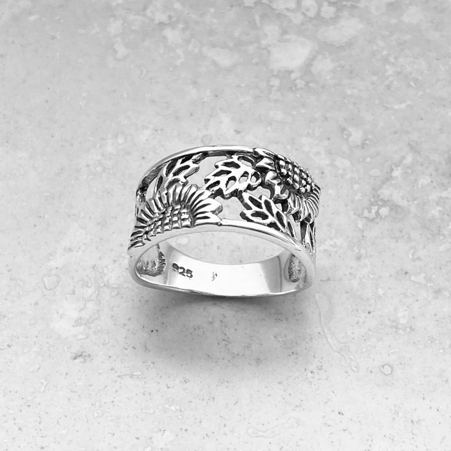 Sterling Silver Sunflower Ring with Leaves, Statement Flower Band, Leaf Rings